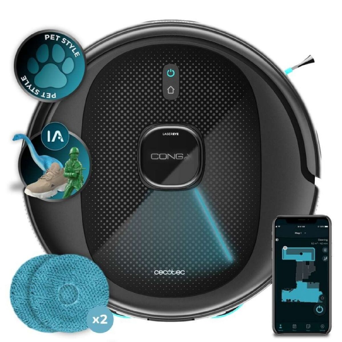 Cecotec Aspirador Robot e Limpa-Pavimentos com IA Conga 9990 AI Spin Revolution Ultra Power. 10000Pa, Navegação Inteligente
