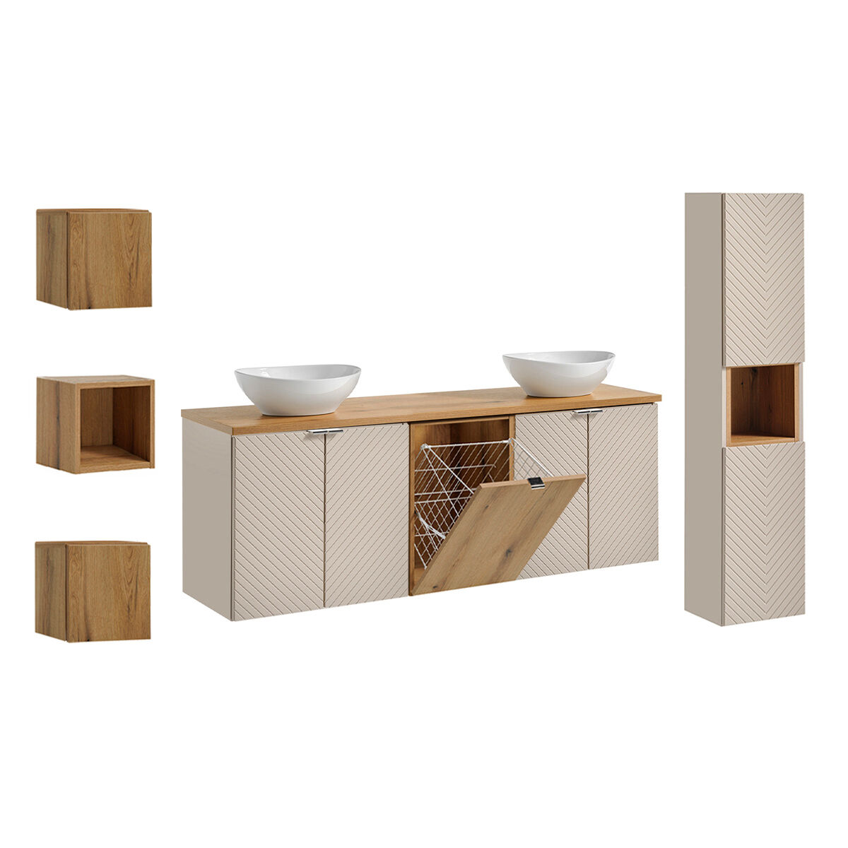 Conjunto móvel toucador duplo 160 cm com 4 portas enceinte e 3 armários parede manoa caxemira madeira