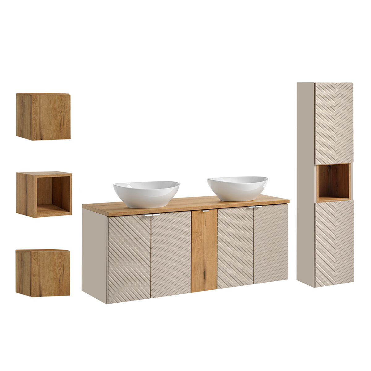 Conjunto móvel de toucador duplo 140cm 5 portas enceinte e 3 armários de parede manoa caxemira e madeira