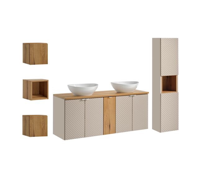 Conjunto móvel de toucador duplo 140cm 5 portas enceinte e 3 armários de parede manoa caxemira e madeira