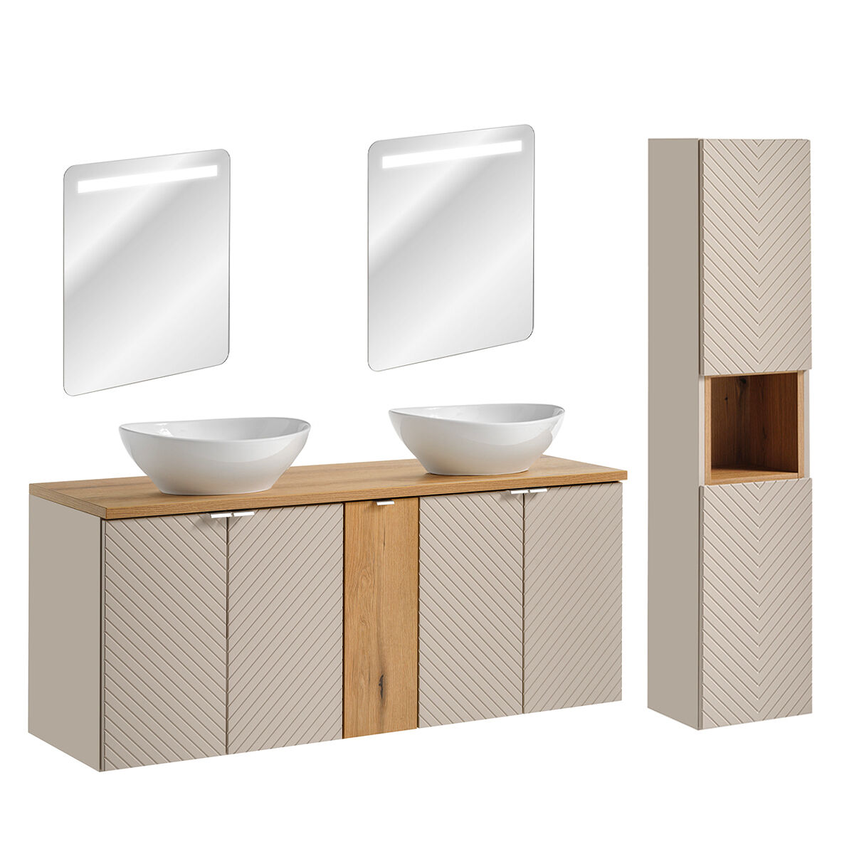 Conjunto móvel de toucador duplo 140cm 5 portas espelhados led e enceinte manoa caxemira e madeira