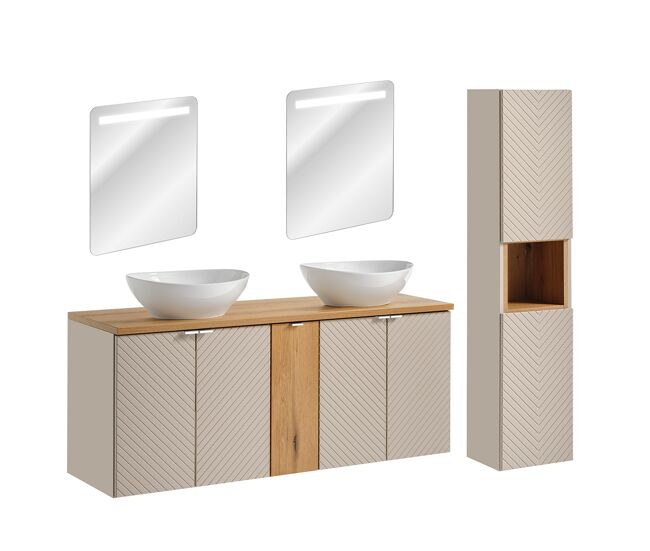 Conjunto móvel de toucador duplo 140cm 5 portas espelhados led e enceinte manoa caxemira e madeira
