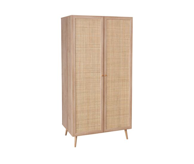 Roupeiro de 2 portas em cana e efeito madeira, boheme, natural, 90x59x179.5 cm