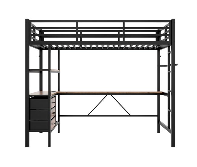 Beliche alto 90x200cm - com luzes led, secretária, tomada + usb, 3 gavetas, prateleiras, grade, escada - preto
