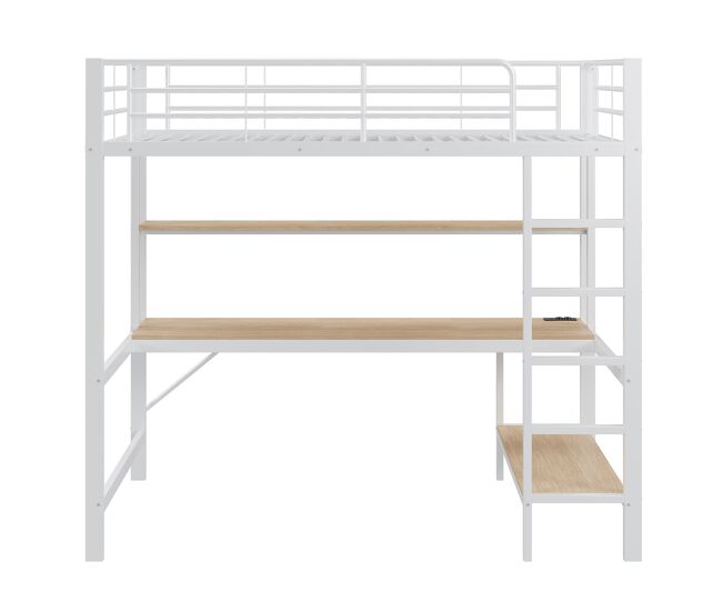 Cama alta 90x200cm - com corrimão, escada, usb e tomada, com luzes led, secretária, estante multifuncional - branco