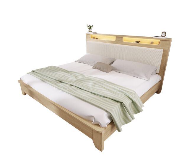 Cama de casal de madeira maciça 140x200cm com luz led,bege