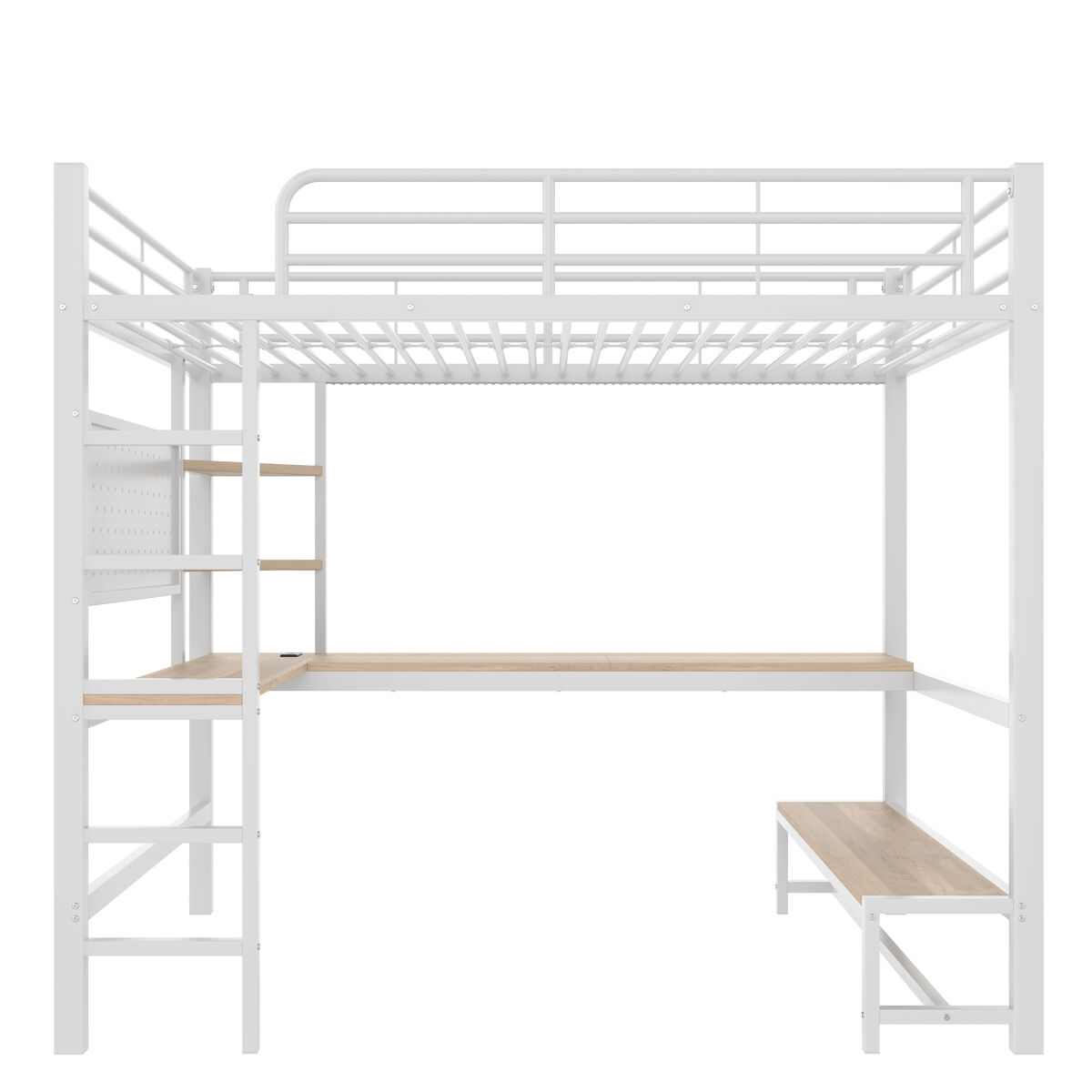 Cama alta 90x200cm - estrutura em metal, secretária, corrimão, escada, prateleiras, com tomada usb + tipo c, faixa led, com painel perfurado, sem