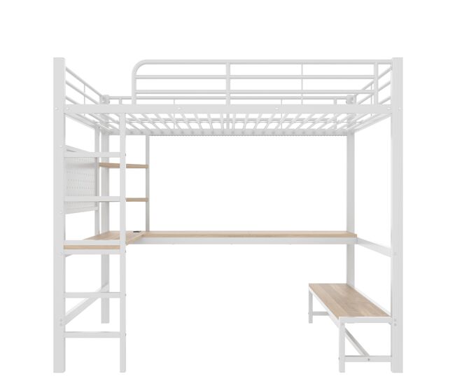 Cama alta 90x200cm - estrutura em metal, secretária, corrimão, escada, prateleiras, com tomada usb + tipo c, faixa led, com painel perfurado, sem