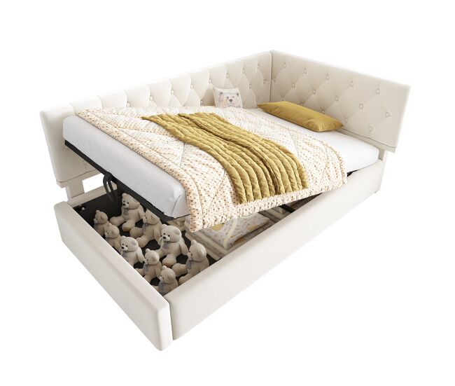 Cama de solteiro de veludo 90x190cm com armazenamento,bege