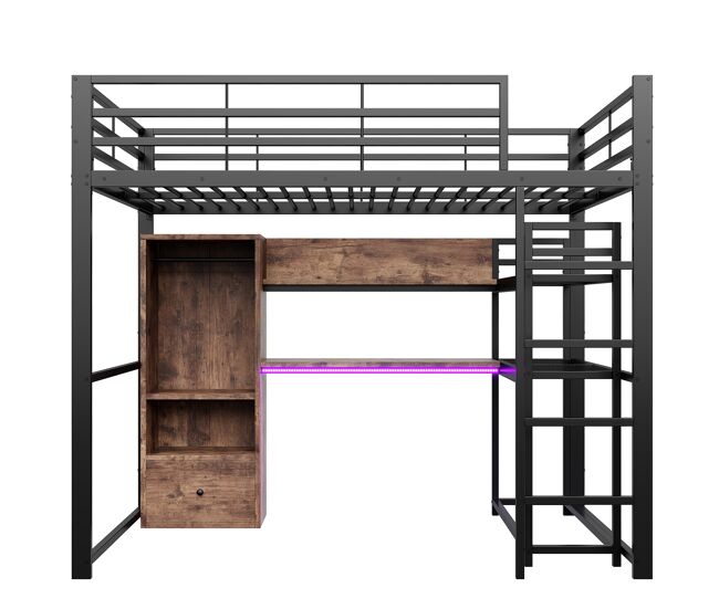 Altura 140x200cm - cama de metal com led, secretária, 1 gaveta, prateleiras, grade, escada, sem colchão - preto
