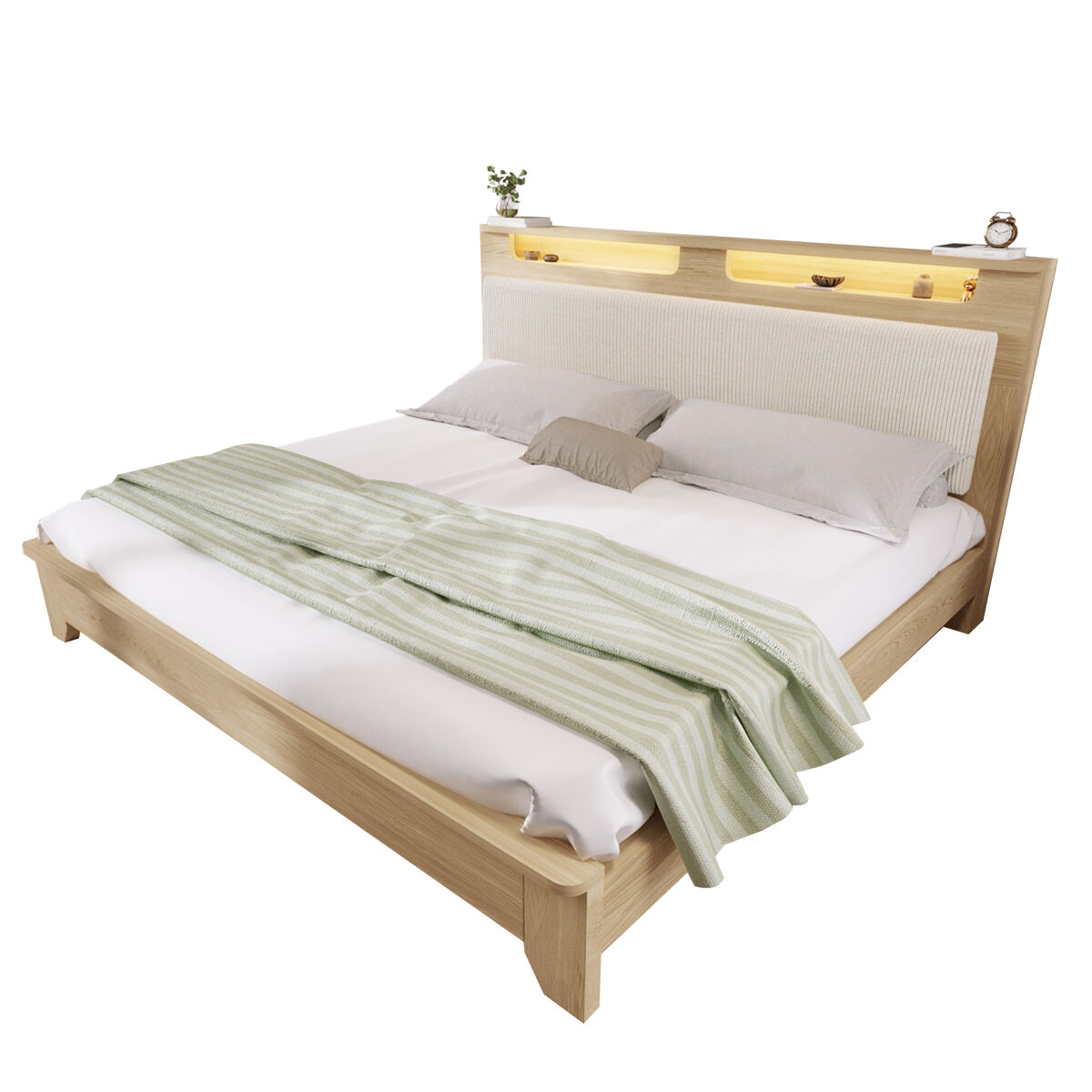 Cama de casal de madeira maciça 160x200cm com luz led,bege