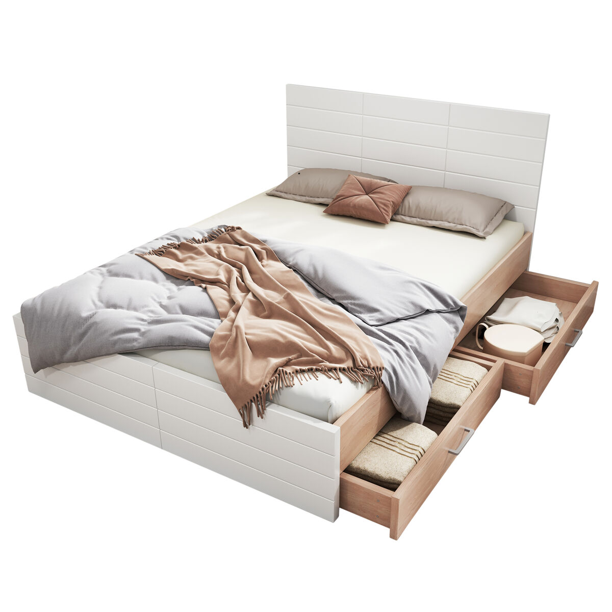 Cama de casal de madeira maciça 160x200cm com 2 gavetas,branco+carvalho