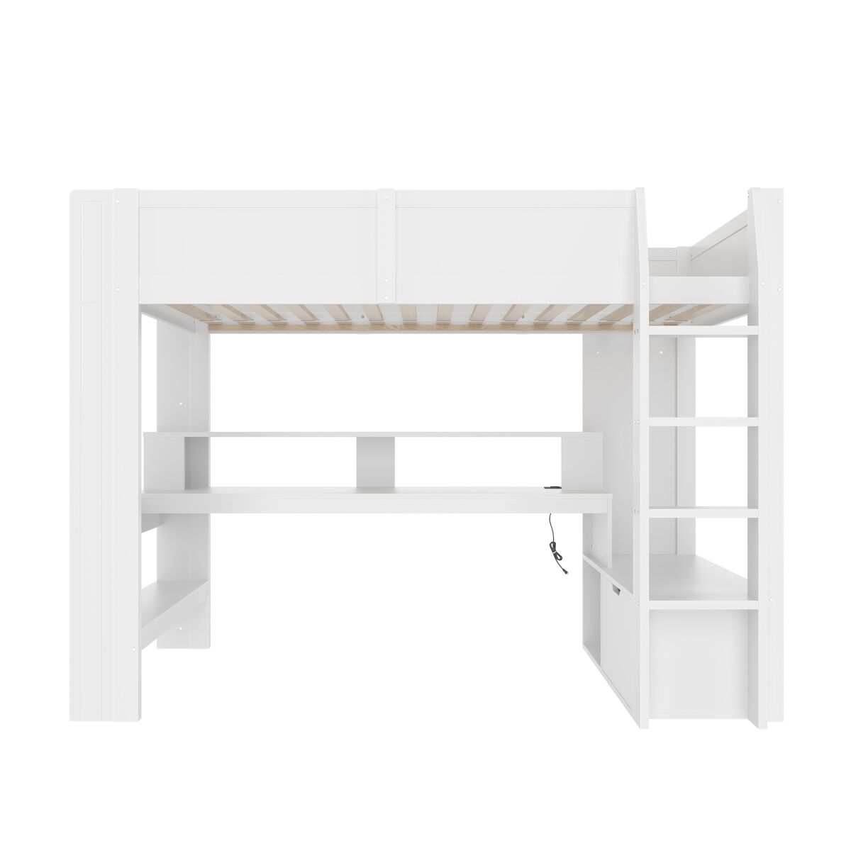 Cama alta 90x200 cm - cama gaming com secretária, com luzes led, gaveta, prateleiras - branco