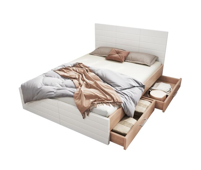 Cama de casal de madeira maciça 140x200cm com 2 gavetas,branco+carvalho