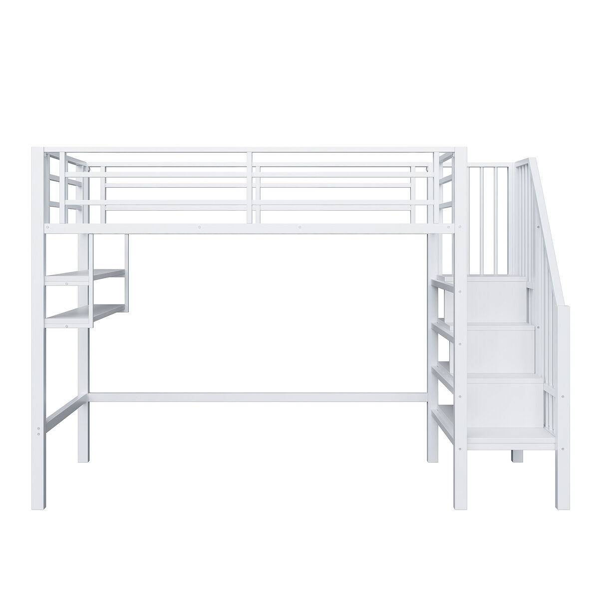Cama alta 90x200 cm - estantes, escada de arrumação, espaço livre para vestir-se, corrimão - branco