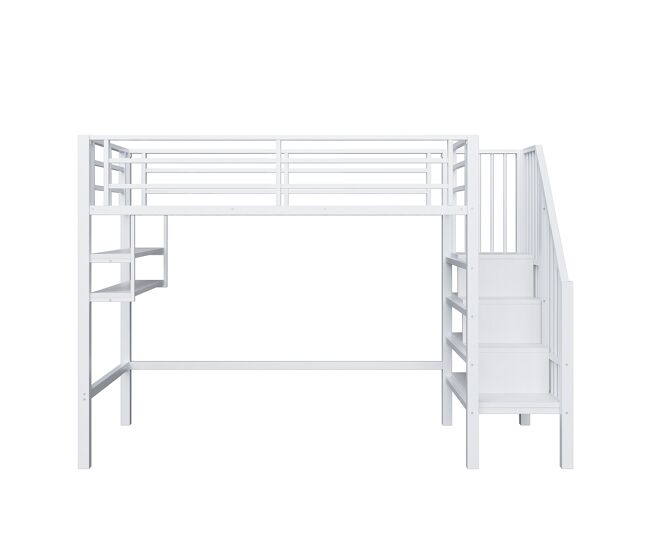 Cama alta 90x200 cm - estantes, escada de arrumação, espaço livre para vestir-se, corrimão - branco