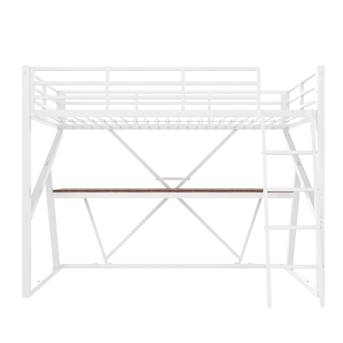 Cama alta 90x200cm - estrutura em ferro, led, corrimão, escada, secretária - branco
