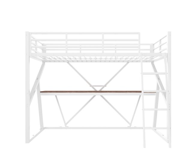Cama alta 90x200cm - estrutura em ferro, led, corrimão, escada, secretária - branco
