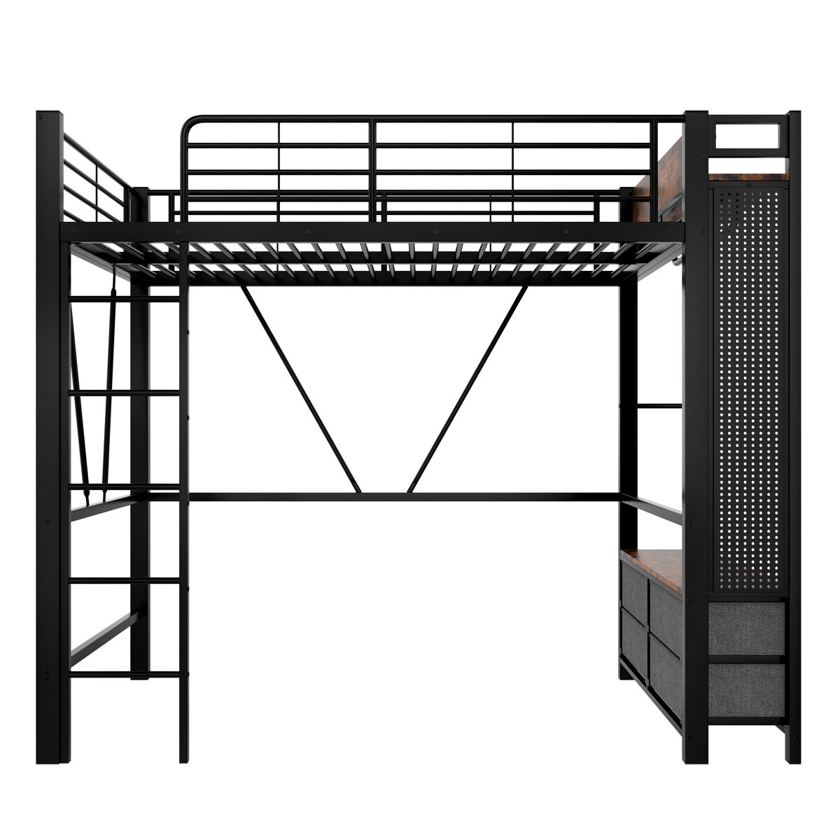 Cama alta 90x200 cm - estrutura em ferro, barra para secar roupa, prateleiras, 4 gavetas, usb+type-c, led, grade de proteção, escada, painel perfurado