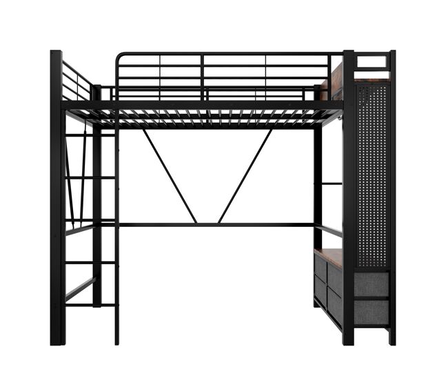 Cama alta 90x200 cm - estrutura em ferro, barra para secar roupa, prateleiras, 4 gavetas, usb+type-c, led, grade de proteção, escada, painel perfurado