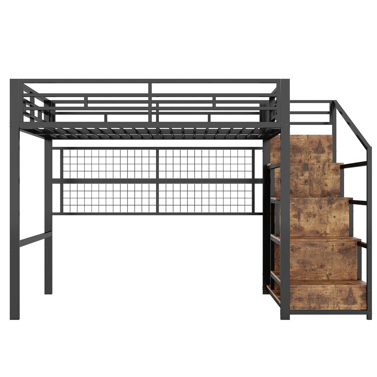 Beliche alto 140x200cm - estrutura em ferro, armário, escada de arrumação, grelha para pendurar objetos, espaço livre debaixo da cama, luzes led de 7