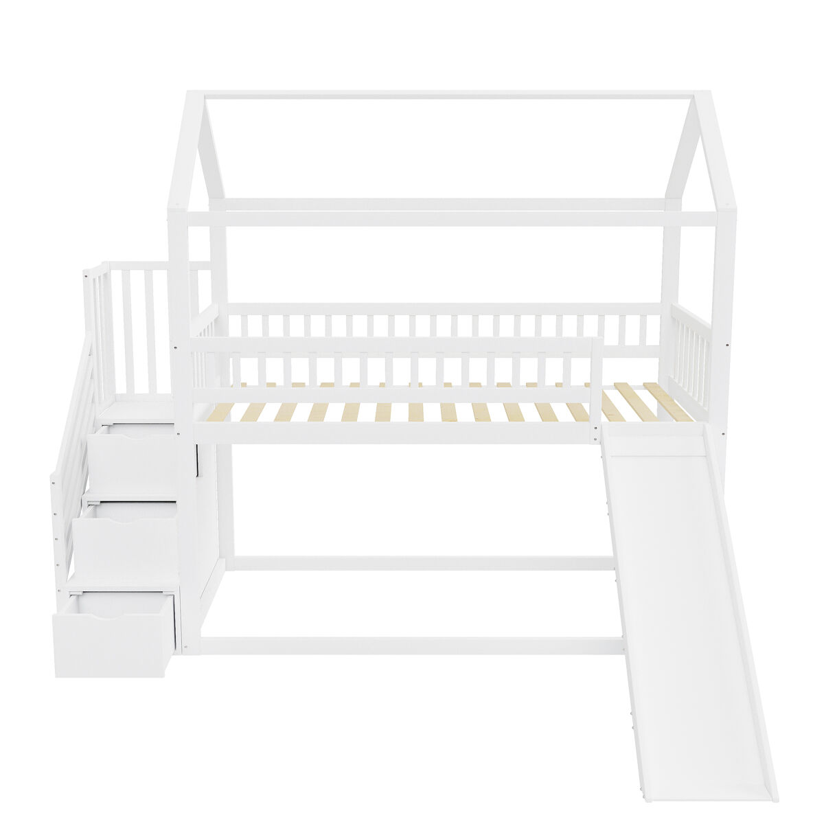 Cama alta infantil 90x200 cm - com escorregador, escada com arrumação, estrutura em madeira maciça, corrimão alto - branco