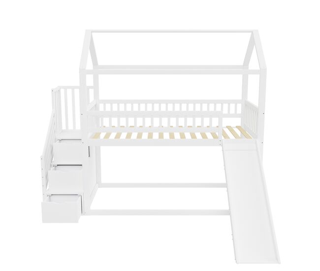 Cama alta infantil 90x200 cm - com escorregador, escada com arrumação, estrutura em madeira maciça, corrimão alto - branco