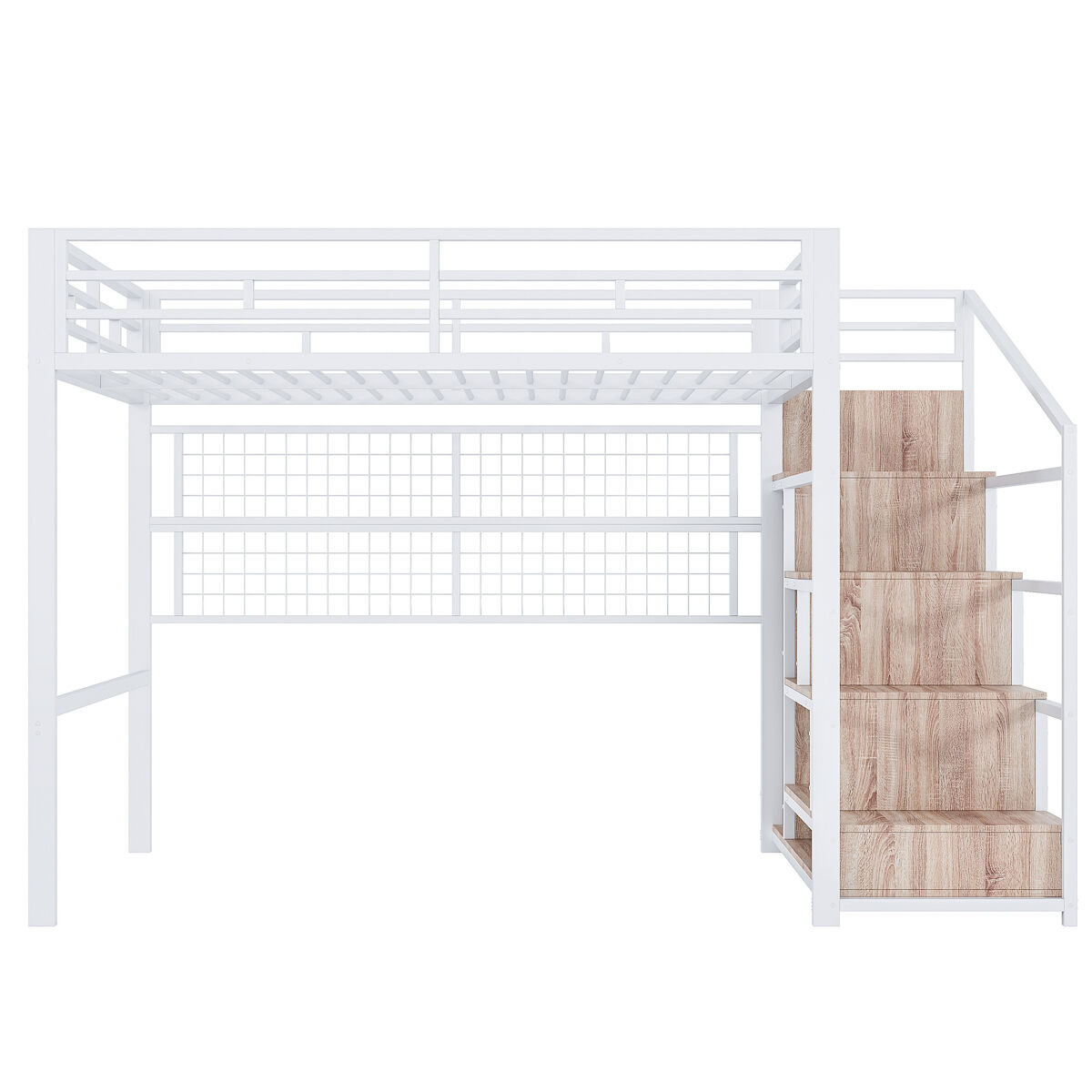 Cama alta 140x200cm - estrutura metálica, armário, escada com arrumação, grelha para pendurar objetos, espaço livre por baixo, luzes led multicoloridas - blanc