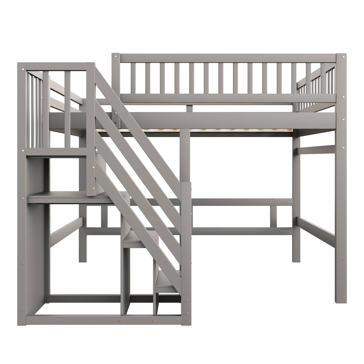 Cama alta em madeira maciça 140x200 - com escada, armário de arrumação e grade alta, cama para crianças e jovens - cinzenta