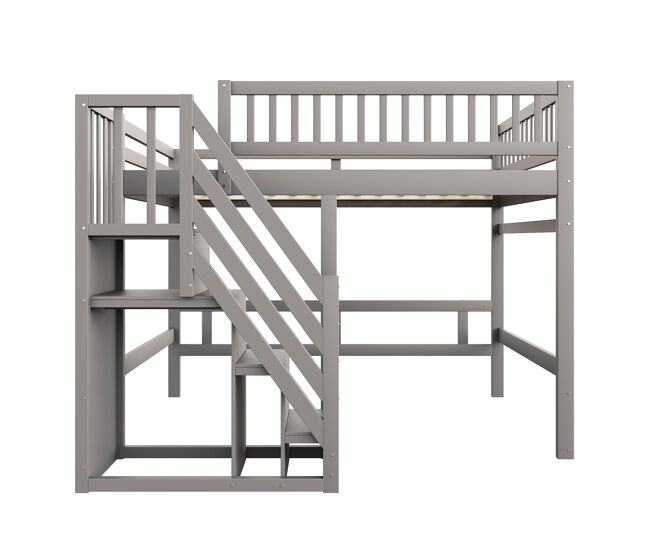 Cama alta em madeira maciça 140x200 - com escada, armário de arrumação e grade alta, cama para crianças e jovens - cinzenta