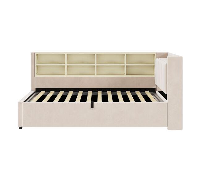 Sofá-cama estofado 90 x 200 cm - canapé hidráulico, luz noturna, portas usb e tipo-c, étagères e arrumação, cabeceira acolchoada - veludo bege
