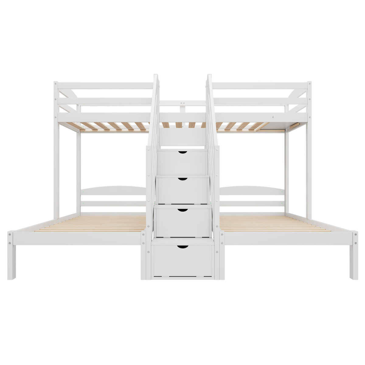 Cama alta 90x200cm - 3 camas, madeira de pinho, escada com gavetas, corrimão, certificado en 747 - branco