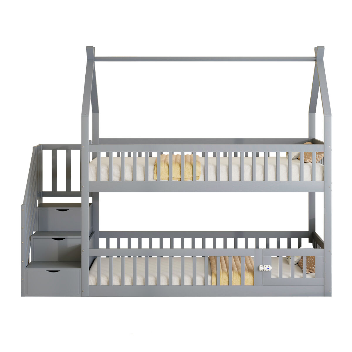 Cama beliche infantil 90x200 - madeira maciça com teto, escada de segurança e gavetas de arrumação - cinza