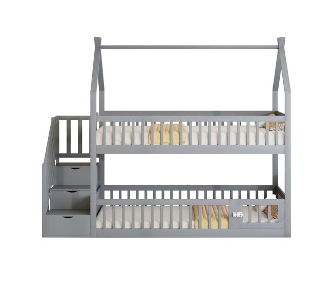 Cama beliche infantil 90x200 - madeira maciça com teto, escada de segurança e gavetas de arrumação - cinza