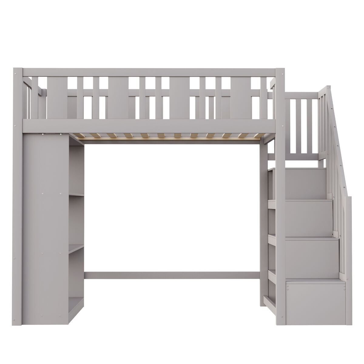 Cama alta 90x200 cm - cama infantil com escada de arrumação, vários compartimentos, cama funcional, cama juvenil, cama de madeira - cinza