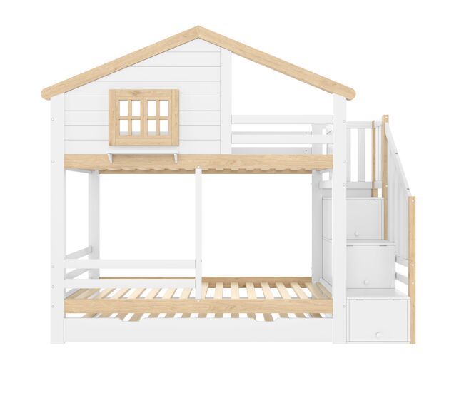 Litera 90x200 cm - grade, cama extra removível, escada com arrumação, janela, prateleira em forma de casa - branco e natural