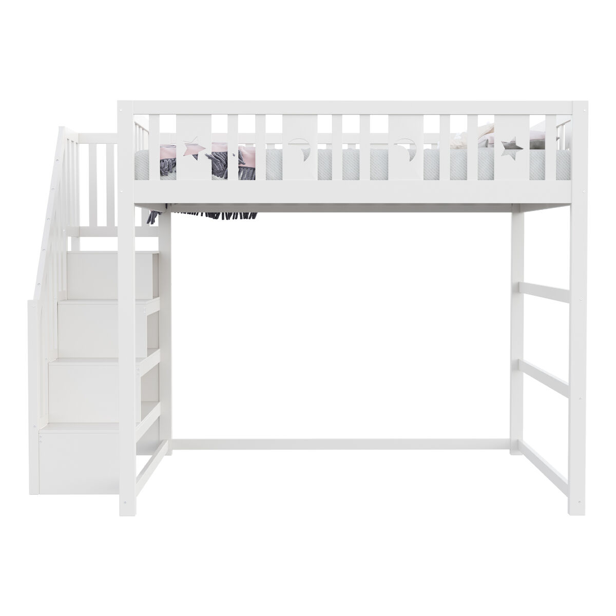 Cama alta infantil 140x200 - com escada, cama de madeira maciça com grade de segurança, decoração de estrelas e lua - branco