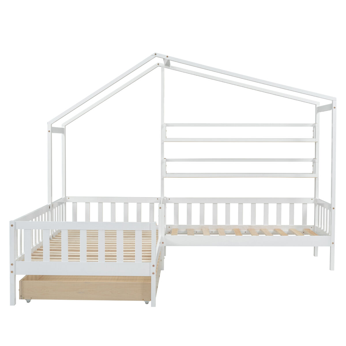 Simple Life Cama Infantil Tipo Casinha Com Gavetas E Prateleiras, Madeira Maciça Com Grade E Estrutura De Ripas, Estrutura Em L, Branca (90X200 Cm + 140X70 Cm) Branco