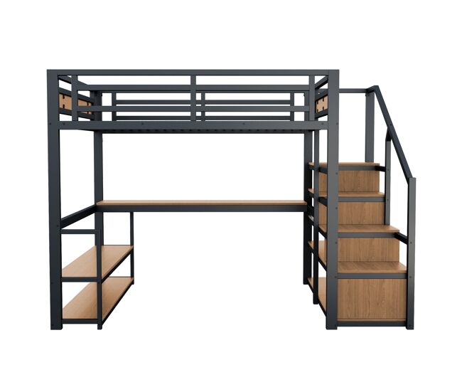 Cama alta de metal 140x200 - cama com escada de arrumação, prateleiras e mesa, design com grades de segurança e painéis de metal, estrutura metálica