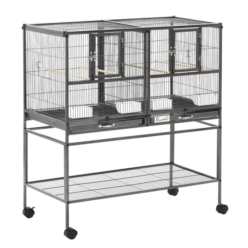 Pawhut gaiola grande para pássaros com divisória, pajarera dupla com rodas, 4 alimentadores, 4 poleiros, prateleira, 2 bandejas removíveis, para