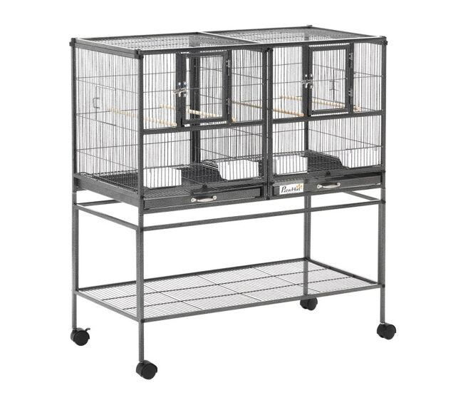 Pawhut gaiola grande para pássaros com divisória, pajarera dupla com rodas, 4 alimentadores, 4 poleiros, prateleira, 2 bandejas removíveis, para