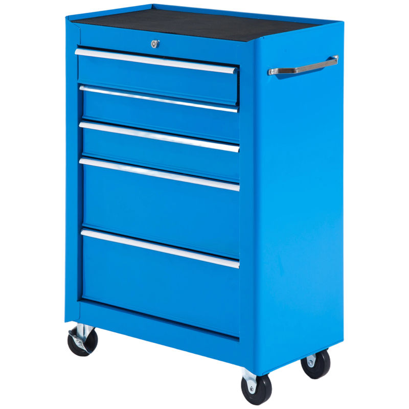 Homcom carrinho de ferramentas para oficina com rodas e 5 gavetas carrinho de ferramentas com fechadura e alça lateral 61,5x33x85 cm azul