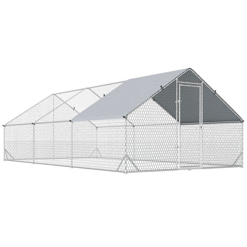 Pawhut galinheiro de exterior grande 3x6x2m gaiola para 12-18 galinhas de aço galvanizado com teto de pe e fechadura para coelhos prata