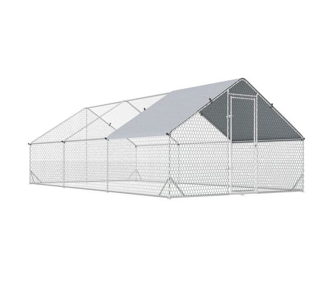 Pawhut galinheiro de exterior grande 3x6x2m gaiola para 12-18 galinhas de aço galvanizado com teto de pe e fechadura para coelhos prata