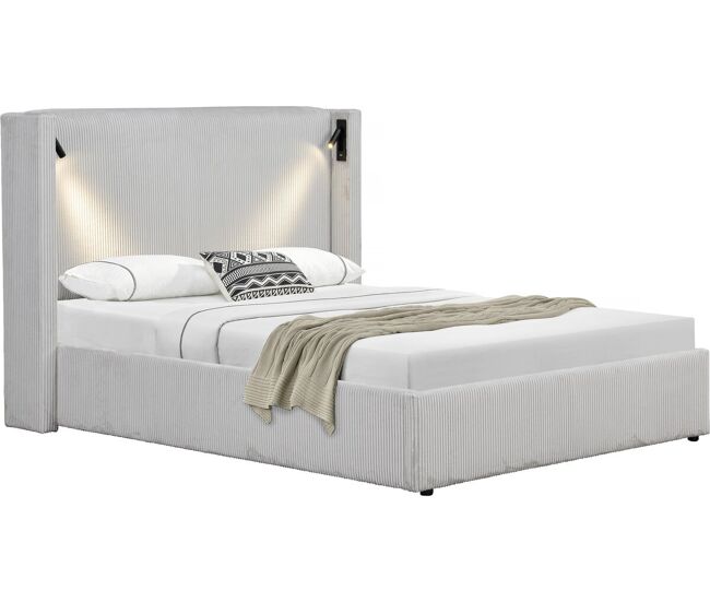Cama de casal em veludo cotelê com cômoda integrada e abajur "cortina" - 140 x 190 cm - bege