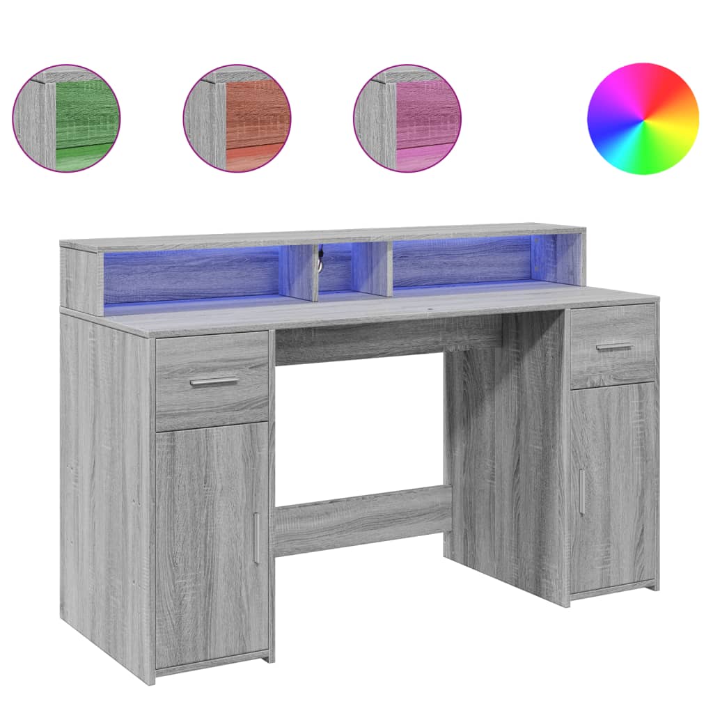 Secretária - escrivaninha de computador luzes led 140x55x91cm deriv. madeira cinzento sonoma