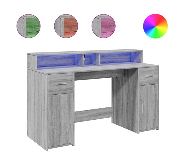 Secretária - escrivaninha de computador luzes led 140x55x91cm deriv. madeira cinzento sonoma