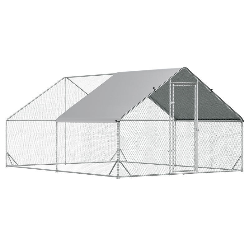 Pawhut galinheiro de exterior grande 3x4x2m gaiola para 8-12 galinhas de aço galvanizado com teto de pe e fechadura para coelhos prata