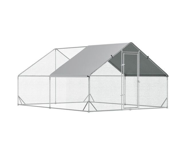 Pawhut galinheiro de exterior grande 3x4x2m gaiola para 8-12 galinhas de aço galvanizado com teto de pe e fechadura para coelhos prata