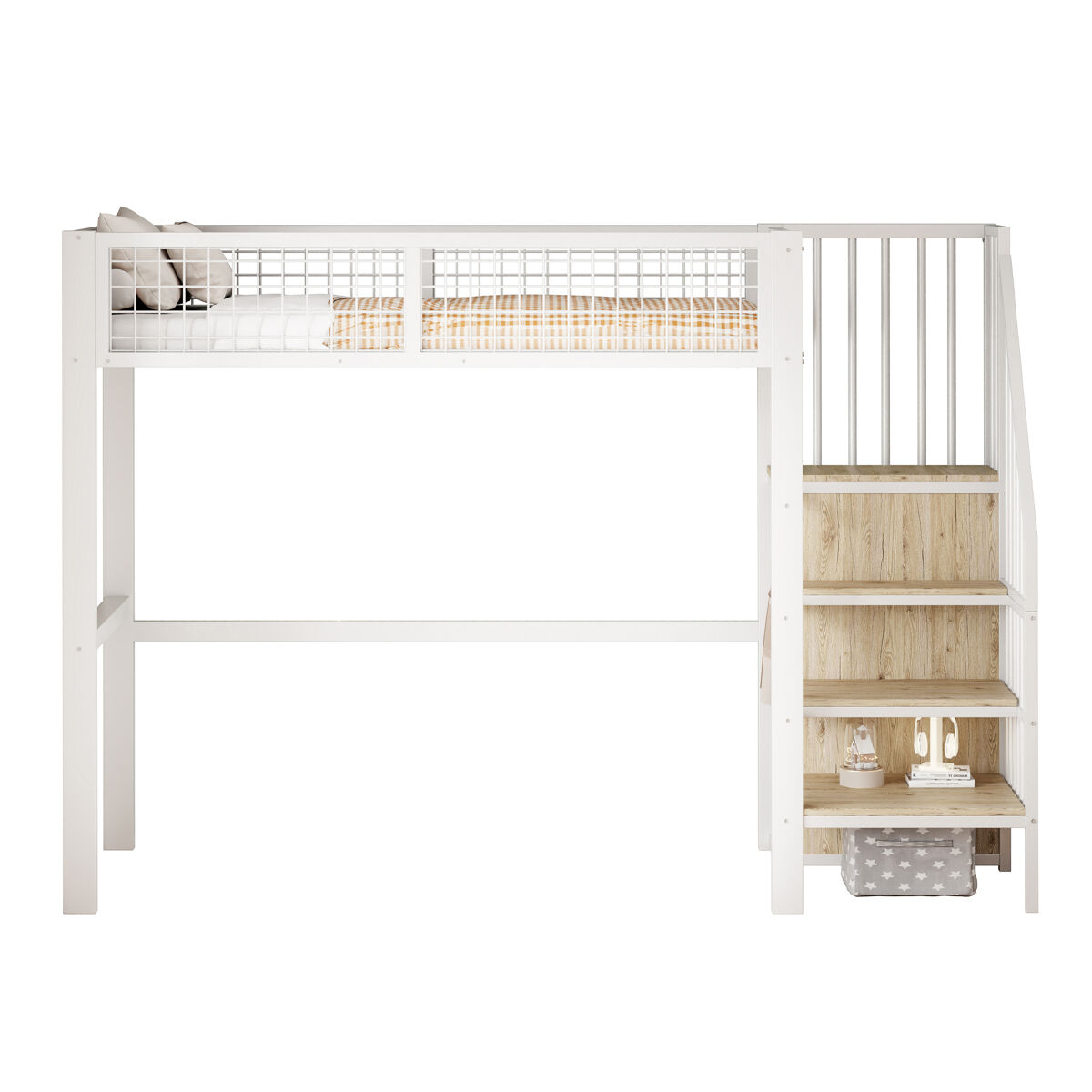 Cama alta 90*200 - com escada, estrutura metálica e prateleira de arrumação, armário - branco